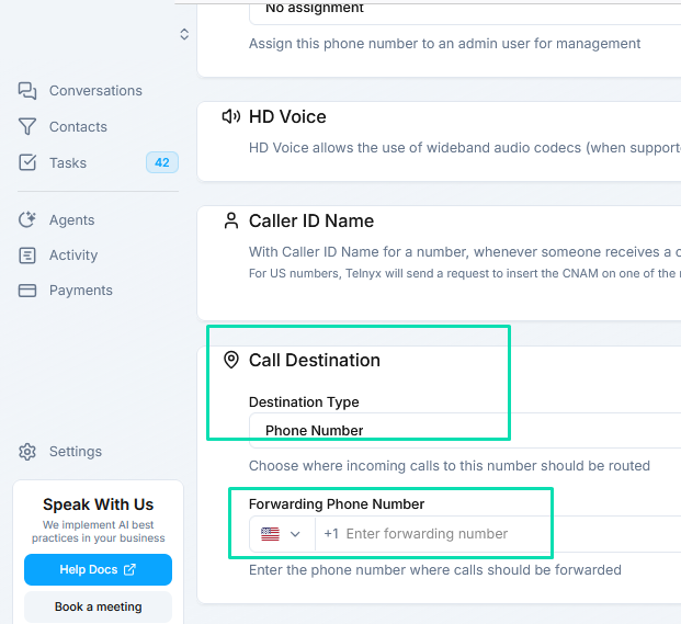 Call Destination Options-External Forwarding
